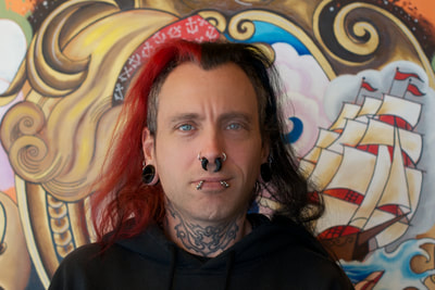 Fine Art photographer David Lee Black portrait of Anchor Steam tattoo parlor, tattoo artist, nose ring, neck tattoo in Newport, Rhode Island