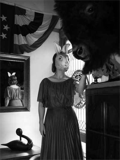 Fine art photographer David Lee Black black and white exhibition photograph with rabbit model, buffalo beard and flag. 